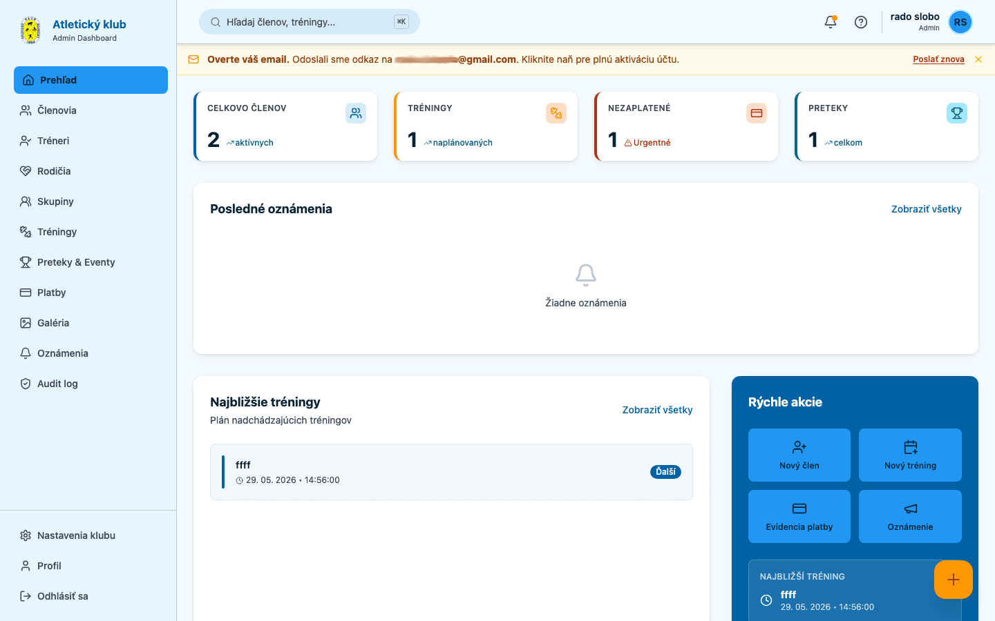 Dashboard ClubPage — správa klubu