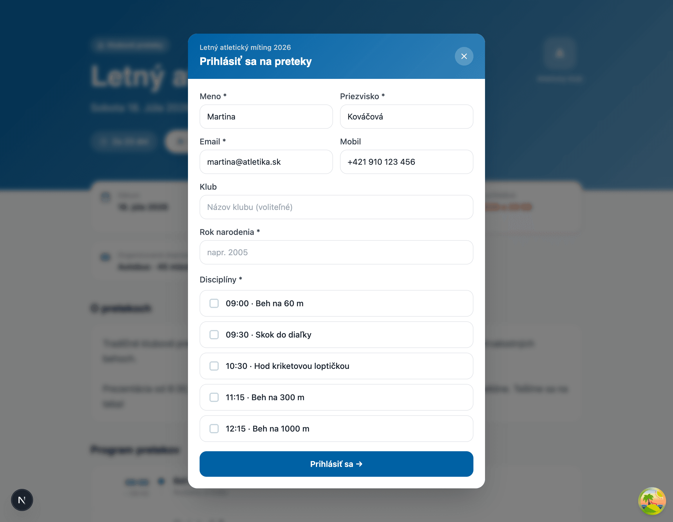 Verejná registračná stránka pretekov ClubPage